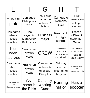 Light Crew BINGO Card