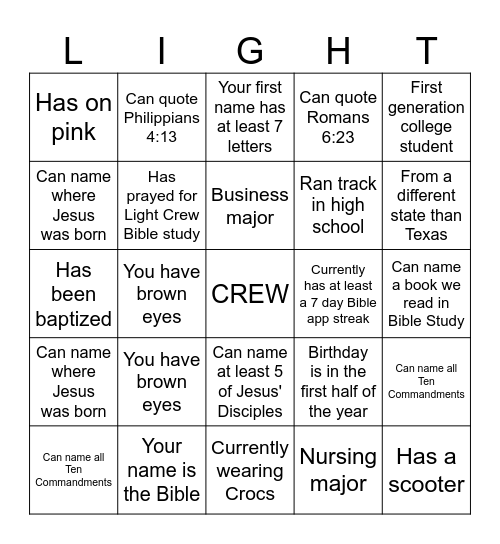 Light Crew BINGO Card