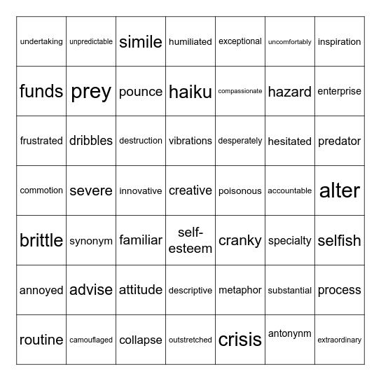 Vocabulary Bingo Card