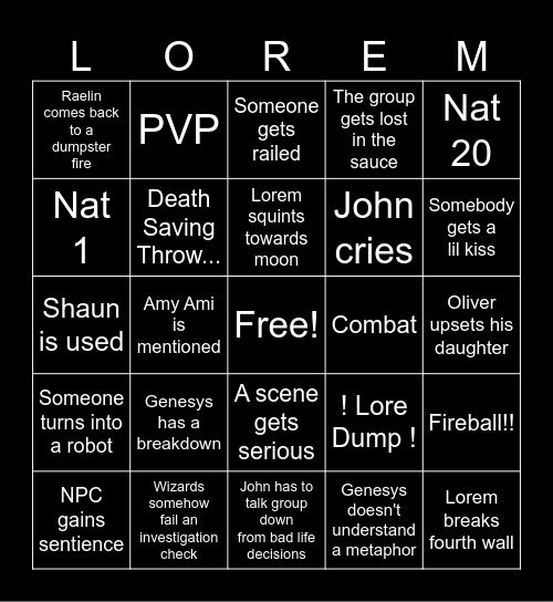 RISE AND FALL Bingo Card