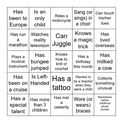 Find Someone Who: Bingo Card