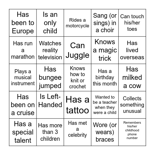 Find Someone Who: Bingo Card