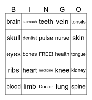 Health Care for Kids Bingo Card