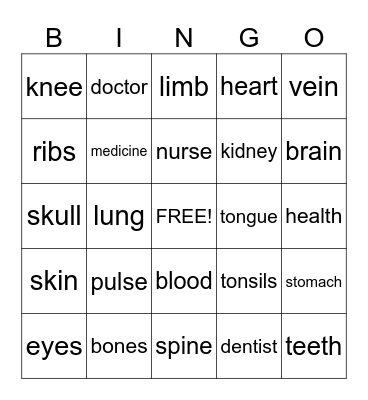 Health for Kids Bingo Card