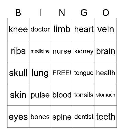 Health for Kids Bingo Card