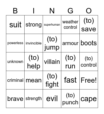 Superheroes Bingo Card