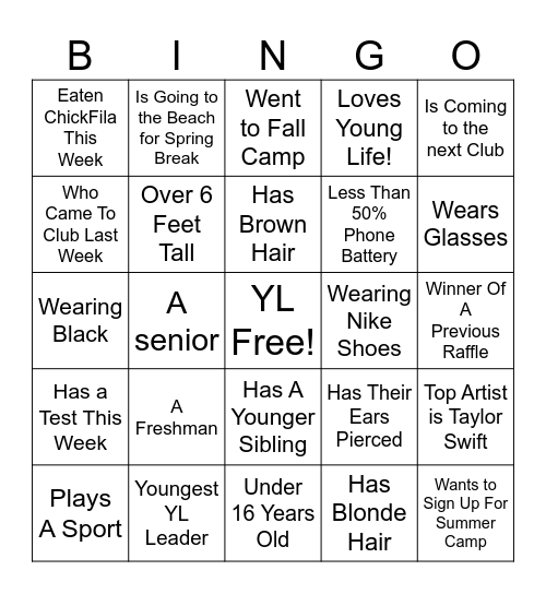 WEBB YL Bingo Card
