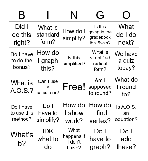 Unit 8 Quiz Questions Bingo Card