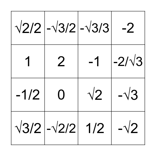 Unit Circle Bingo Card