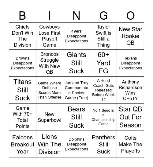NFL Season Bingo 2024 Bingo Card