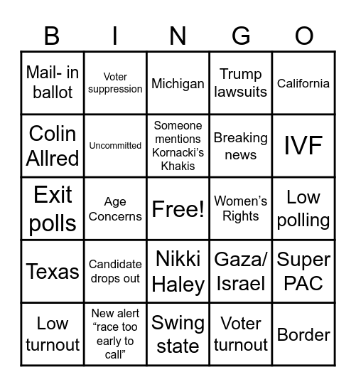 Super Tuesday 2024 Bingo Card
