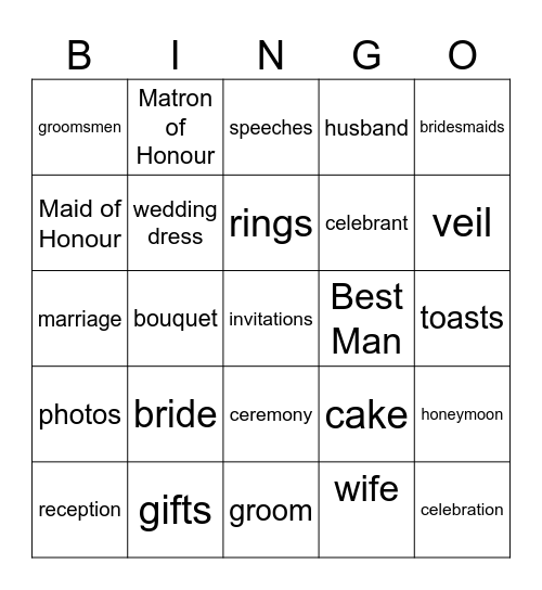 Wedding Words Bingo Card