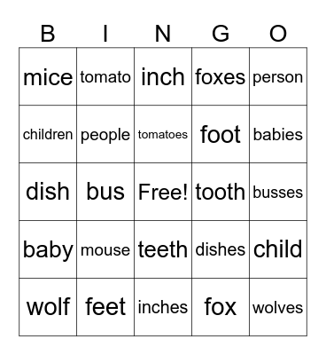 Plural Nouns Bingo Card