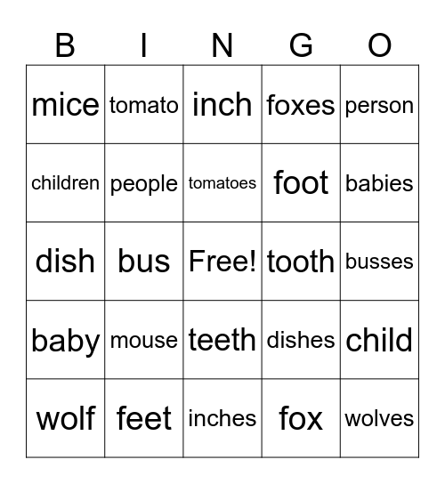 Plural Nouns Bingo Card