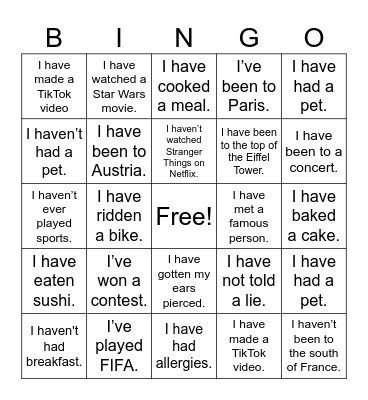 Present Perfect Bingo Card