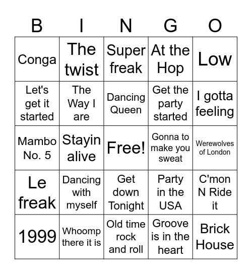 DANCE HITS Bingo Card