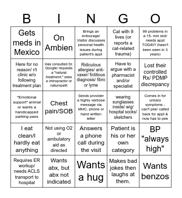 Primary Care Bingo Card