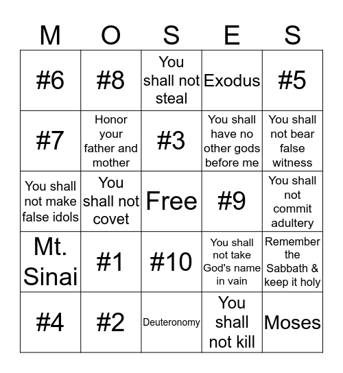 Ten Commandments Bingo Card