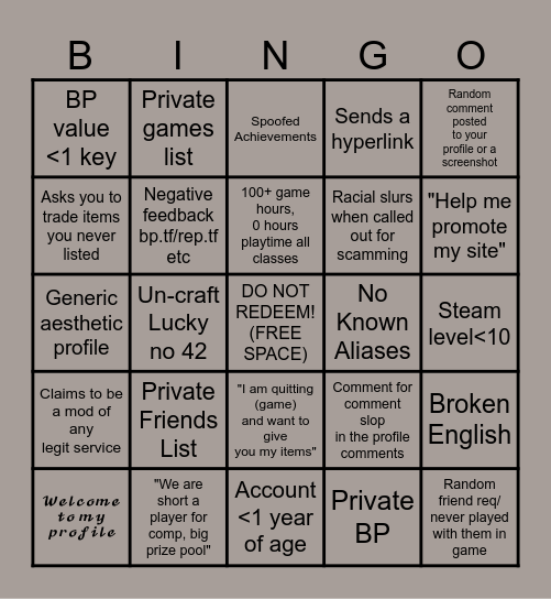 Steam Scammer Bingo! Bingo Card