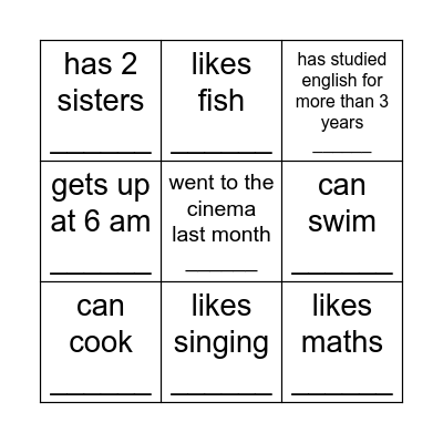 BINGO :getting to know you! Bingo Card