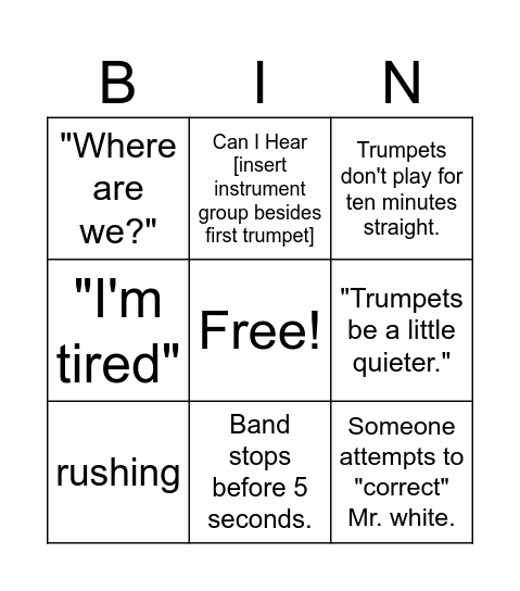 Band Class Bingo Card
