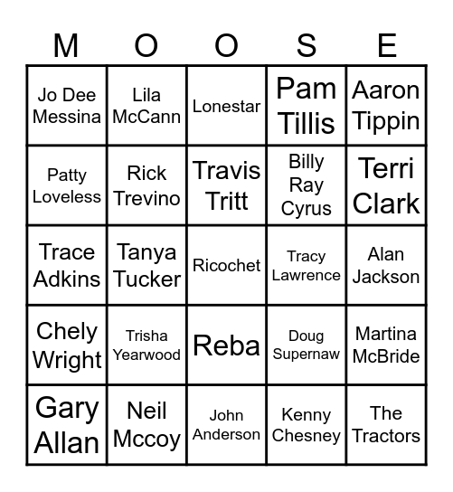 90 Country by Artist Bingo Card