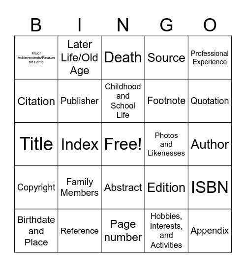 Bibliography Bingo Card