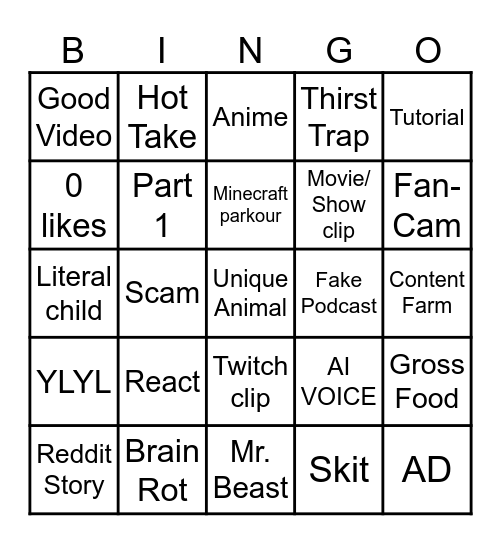 YouTube shorts (Jace) Bingo Card