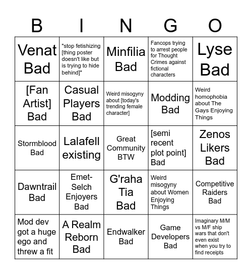 FFXIV Online Discourse Bingo Card