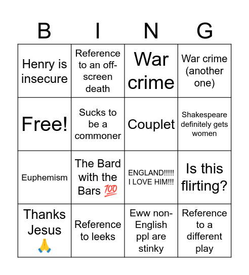 Henry V Bingo Card