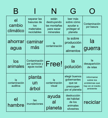 El Medio Ambiente y Sus Desafíos Bingo Card