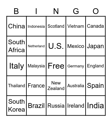 Countries Bingo Card