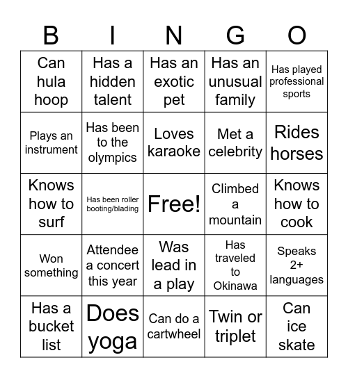 Experience Bingo Card