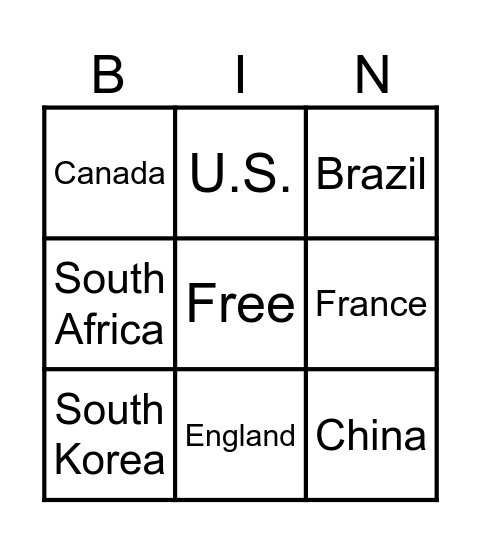 Countries (Grade 5) Bingo Card