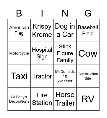 Bus Trip Bingo Card