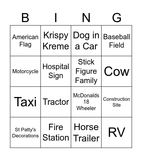 Bus Trip Bingo Card