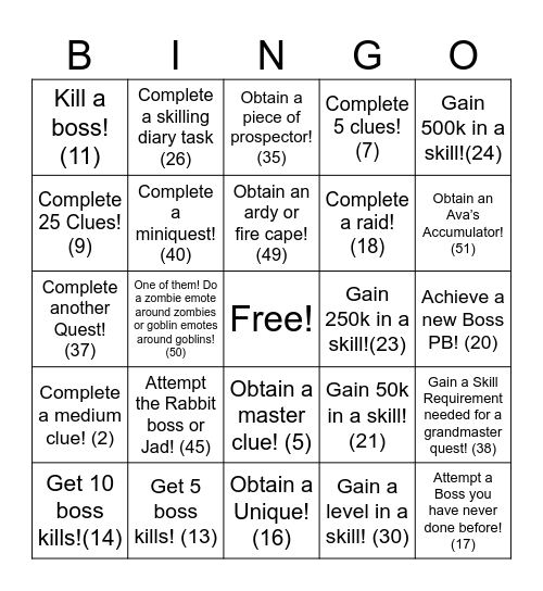 Runescape Bingo Card