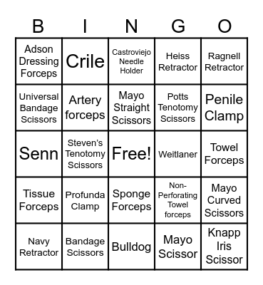 Surgical Instruments Bingo Card