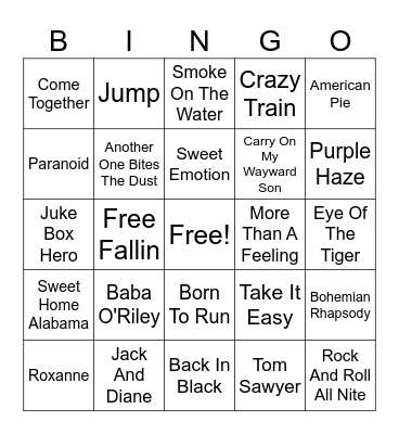 Classic Rock Songs Bingo Card