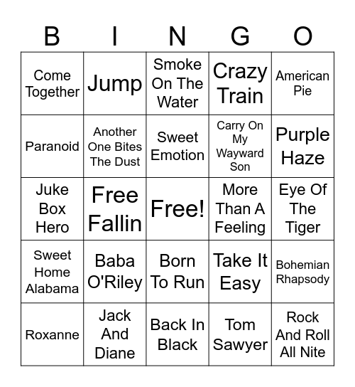 Classic Rock Songs Bingo Card
