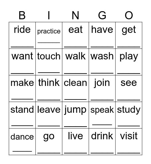 Past Tense Bingo Card