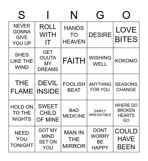 898 POP HITS 1988 Bingo Card