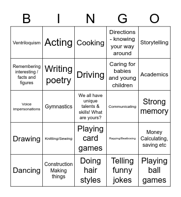 Talent & Skills Bingo Card