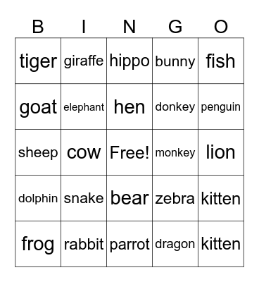 Animals Grade 4 Bingo Card