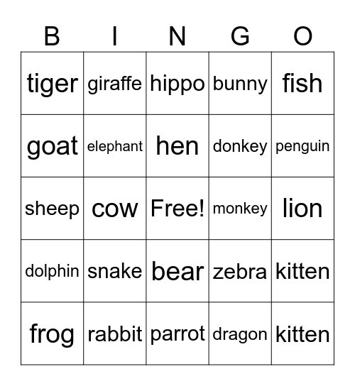 Animals Grade 4 Bingo Card