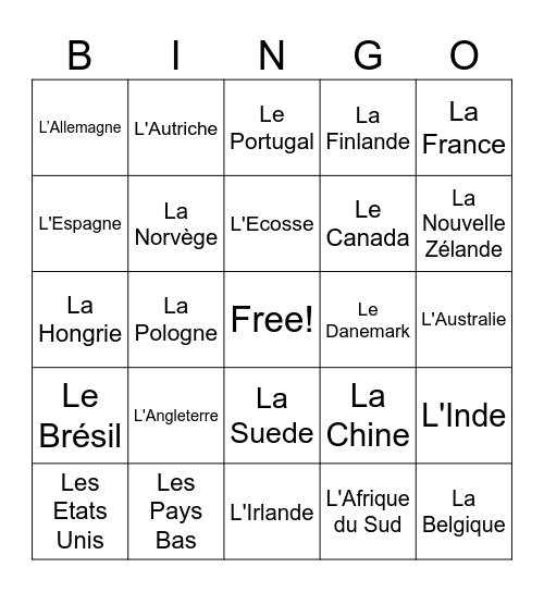 Les Pays Bingo Card