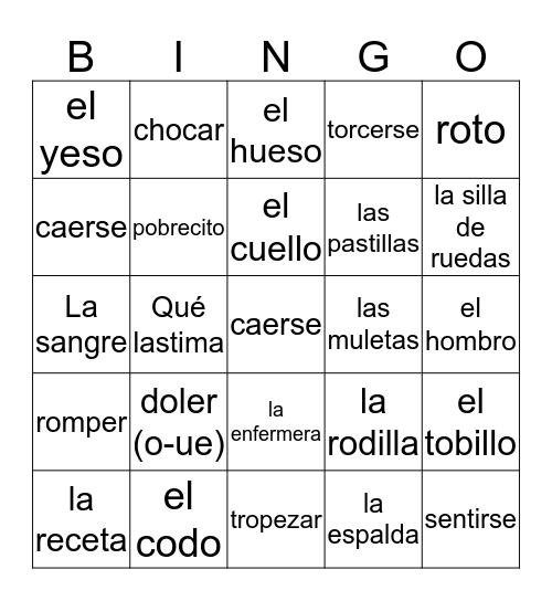 Spanish 2 ch 5B Bingo Card