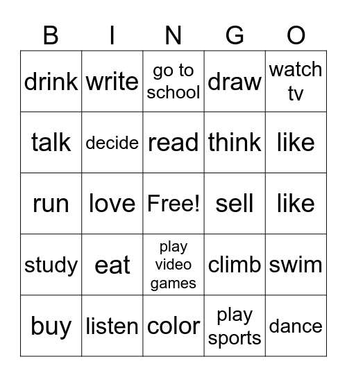 Verbs or Action Words Bingo Card