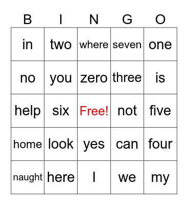 Sight Words Bingo Card