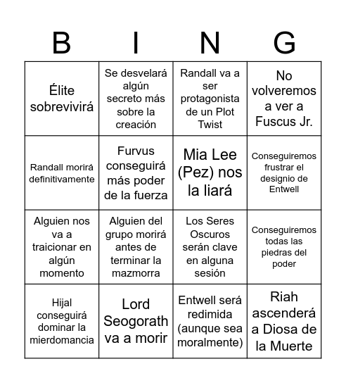 Los Designios de Entwell Bingo Card